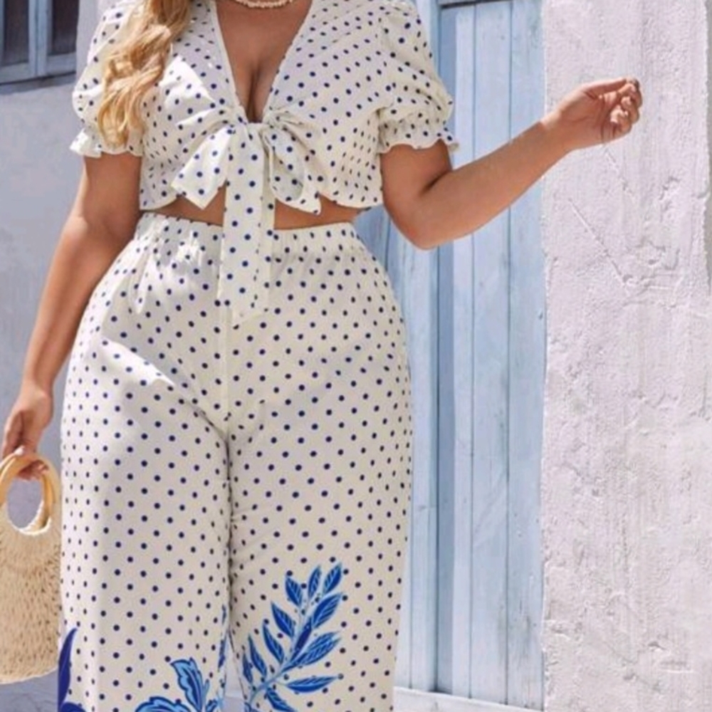 SHEIN White and Blue Polka Dot Jumpsuit